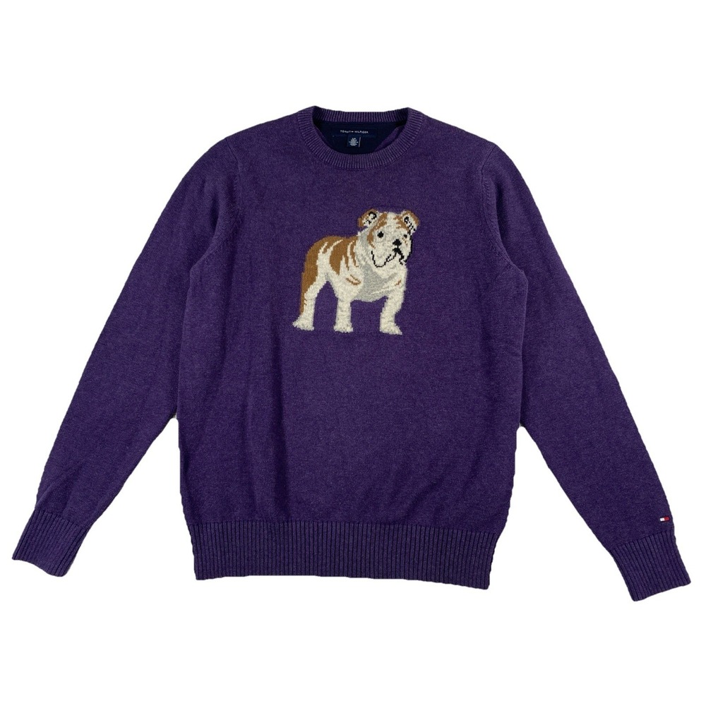 Tommy Hilfiger Bulldog Knitted Crewneck Sweater Elbow Patches Purple Men's Small